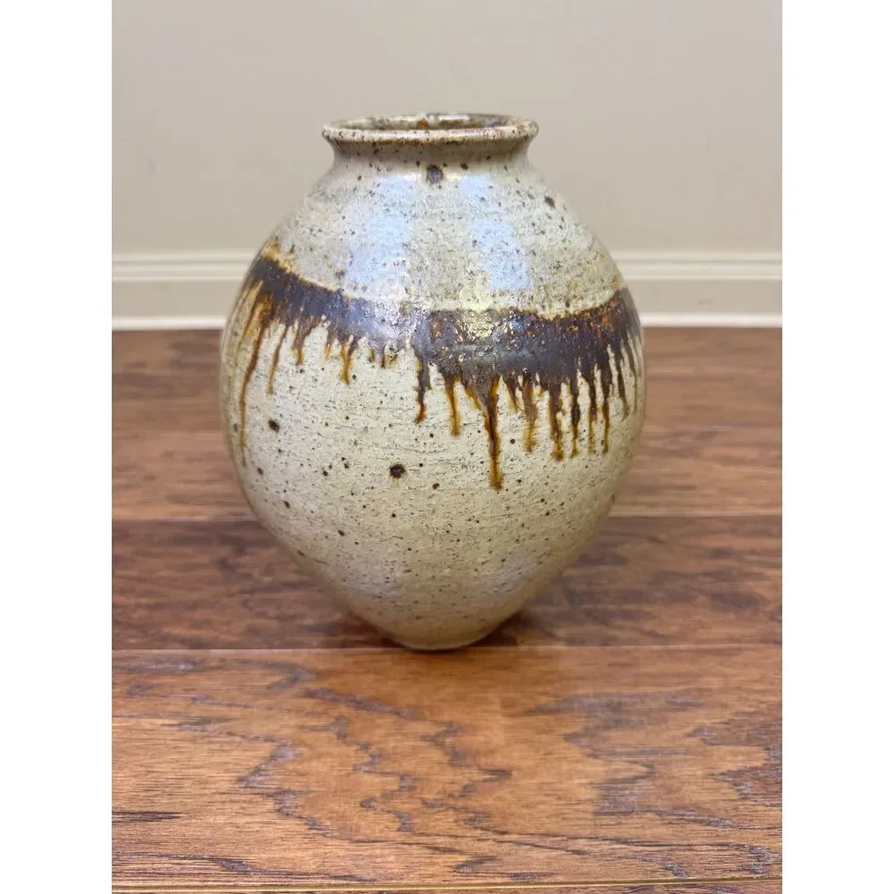 Signed Studio Pottery Drip Glaze Urn/Vase, Neutral Colors, Large